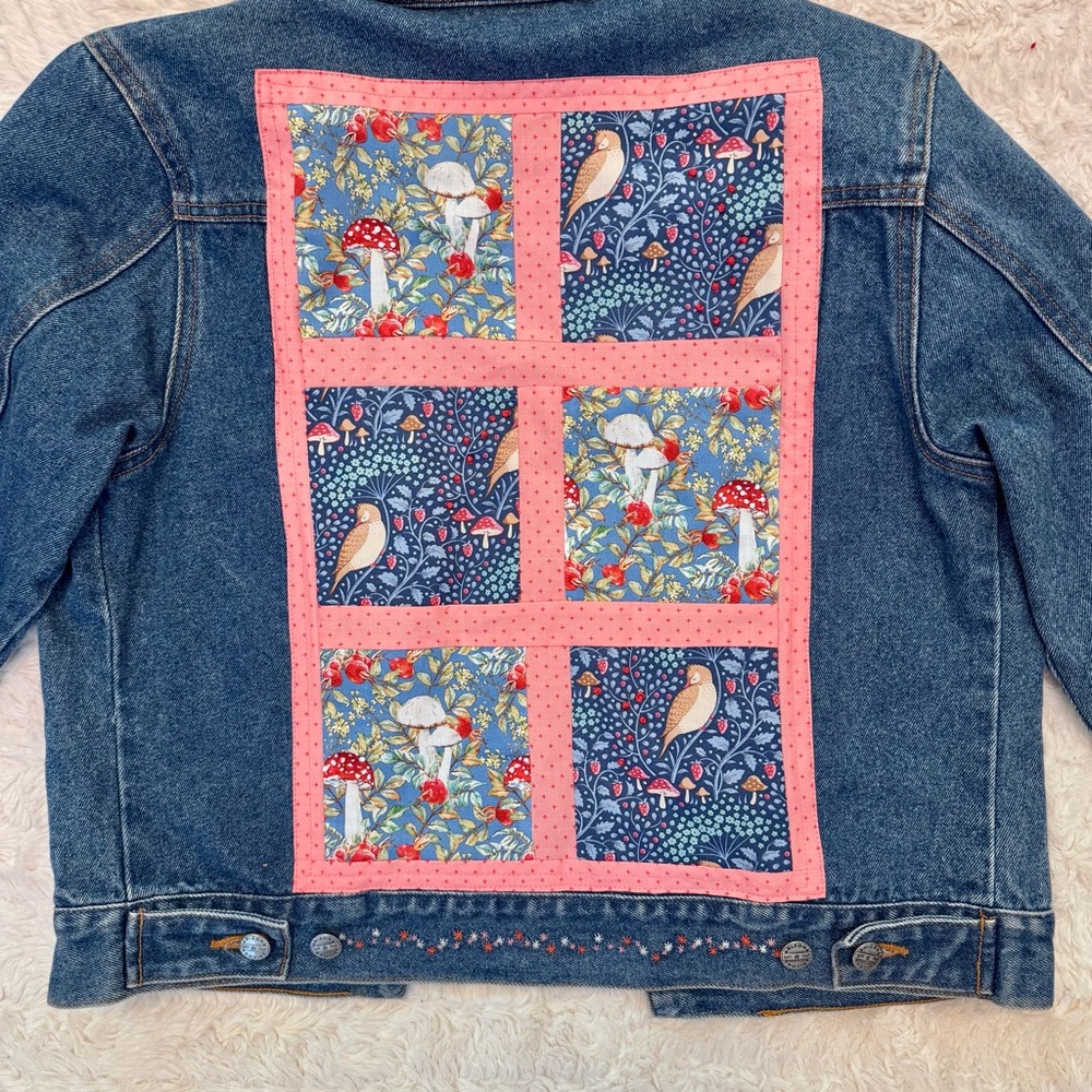 Upcycled Denim Jacket M Cottagecore Mushroom Embroidery Patchwork one of a kind - Picture 3 of 7